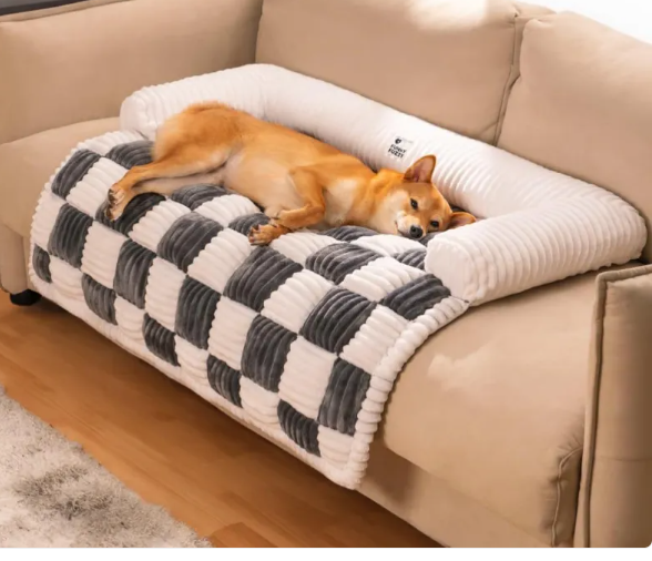 CozyPlush Sofa Saver — Plush Checkered Couch Cover Dog Bed